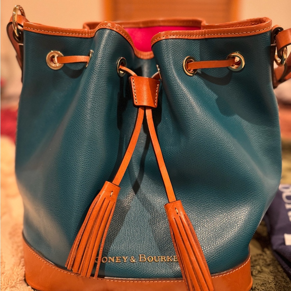 Dooney & Bourke Teal and Tan Drawstring Bag